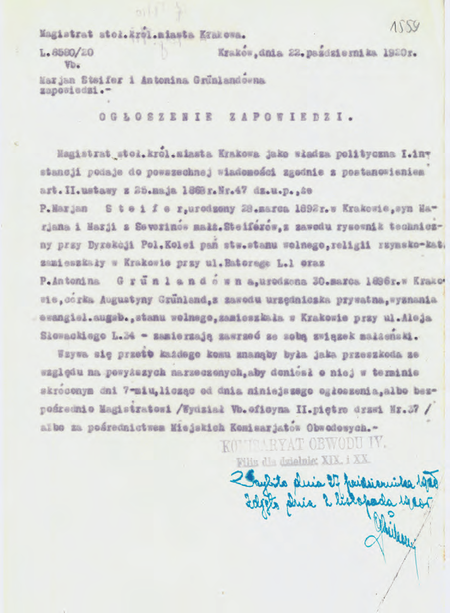 Z Akt zapowiedzi ślubów cywilnych 1914–1925 ogłoszenie zapowiedzi z 1920 r., na którym zastępca
komisarza Guzikowski sygnował poświadczenie, że ogłoszenie wywieszono na tablicy urzędowej
(Archiwum Narodowe w Krakowie, sygn. Kr 2468, s. 1559)