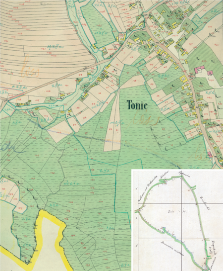 Centrum Toń na mapie katastralnej sporządzonej dla gminy katastralnej Tonie w 1850 roku oraz pochodzący
z lat 1847–1848 plan sytuacyjny z wyrysowanymi granicami gminy Tonie i lokalizacją gmin sąsiadujących
(Archiwum Narodowe w Krakowie, sygn. K. Krak. 627 III; sygn. WM 563a, nlb.)