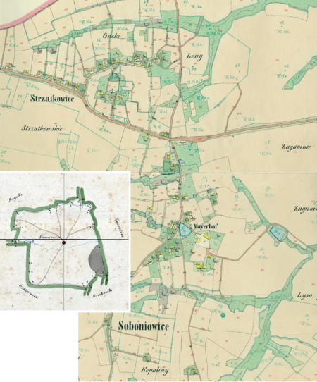 Centrum Soboniowic ze Strzałkowicami na mapie katastralnej sporządzonej dla gminy katastralnej Soboniowice w 1849 roku
oraz pochodzący z 1845 roku plan sytuacyjny z wyrysowanymi granicami gminy Soboniowice i lokalizacją gmin sąsiadujących
(Archiwum Narodowe w Krakowie, sygn. K. Krak. 586 I, II; sygn. K. Krak. op. 140, s. 1)