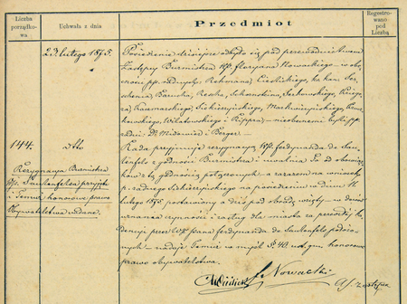 Z księgi uchwał rady gminnej miasta Podgórza obejmującej lata 1874–1886: wpis uchwały z 23 lutego 1875 roku w sprawie
przyjęcia rezygnacji Ferdynanda Seelinga de Saulenfels z urzędu burmistrza oraz nadania mu godności honorowego obywatela
miasta Podgórza (Archiwum Narodowe w Krakowie, sygn. P 6, s. 56)