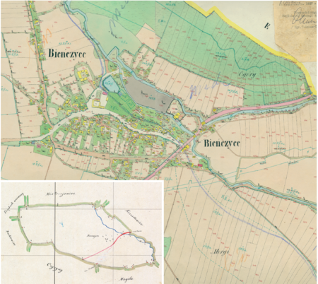 Centrum Bieńczyc na mapie katastralnej sporządzonej dla gminy katastralnej Bieńczyce w 1850 roku oraz pochodzący
z lat 1847–1848 plan sytuacyjny z wyrysowanymi granicami gminy Bieńczyce i lokalizacją gmin sąsiadujących
(Archiwum Narodowe w Krakowie, sygn. K. Krak. 24-IV, V; sygn. WM 562, s. 237)