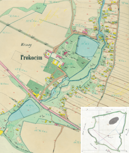 Centrum Prokocimia na mapie katastralnej sporządzonej dla gminy katastralnej Prokocim w 1849 roku oraz pochodzący
z 1847 roku plan sytuacyjny z wyrysowanymi granicami gminy Prokocim oraz lokalizacją gmin sąsiadujących
(Archiwum Narodowe w Krakowie, sygn. K. Krak. 470 IV; sygn. K. Krak. op. 117, s. 3)