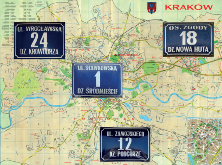 Owe tabliczki z lat 1954–1972 oraz 1973–1991 w małym tylko zakresie
zostały zastąpione nowymi, oddającymi nowy podział miasta na 18 dzielnic,
dokonany w 1991 r. To one nadal dominują na fasadach krakowskich
kamienic i innych budynków, a że numeracja domów nie zmieniła się, więc
skutecznie służą nadal (plany miasta ze zbiorów prywatnych).