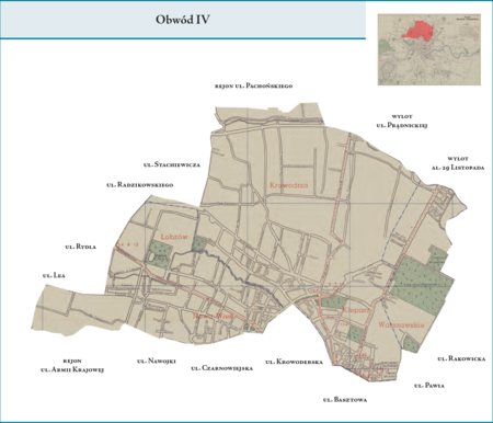 Obwód IV według stanu z roku 1951 na przywołanym wcześniej planie miasta z 1957 r. – dzielnica administracyjna analogiczna
do Obwodu IV z poprzedniego podziału wewnętrznego miasta, obejmująca zatem w całości tereny dzielnic katastralnych V–Kleparz,
XV–Nowa Wieś Narodowa, XVI–Łobzów i XVII–Krowodrza oraz w części teren dzielnicy katastralnej XVIII–Warszawskie
(pozostała część tej dzielnicy katastralnej wchodziła w obszar Obwodu V). Użyte przy powyższym planie dzielnicy nazwy terenowe
podano według nazewnictwa obowiązującego aktualnie.