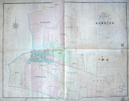 Z oryginalnego opisu: Mapa wsi Lubocza Przewielebnych PP. kanoniczek Premonstrateńskich S. Norberta na Zwierzyńcu
dziedzicznej zdjęta w roku 1821 przez Wincentego Jarockiego geometrę przysięgłego, a po urządzeniu na wieczność przez
komisję włościańską w roku 1835 oddelienowaną podług tego 1850 roku Karol Bełcikowski geometra przysięgły
(Archiwum Klasztoru Sióstr Norbertanek w Krakowie, sygn. XXIVc/2)