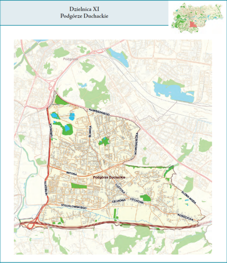 Dzielnica XI Podgórze Duchackie według stanu z 2017 r. na przywołanym wcześniej planie miasta z tego samego roku – dzielnica
samorządowa o powierzchni 9,54 km² (udział 2,92% w całej powierzchni miasta), położona na terenach historycznych jednostek
katastralnych: Wola Duchacka, Kurdwanów i Piaski Wielkie, po części także Łagiewniki, fragmentami Swoszowice, Podgórze, Prokocim,
Rżąka i Kosocice (vide plan na s. 239). Opis przebiegu granic tej dzielnicy podano na następnej stronie.