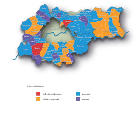 Na planie obrazującym dzisiejsze granice Krakowa miejscowości przyłączone do Krakowa po 1915 roku, oznaczone kolorami
określającymi ich historyczną przynależność właścicielską – uogólnioną według przeważającego charakteru w przekroju wieków