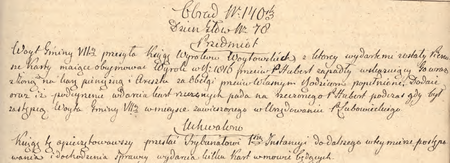 Z sentencjonarza obrad Senatu Rządzącego Wolnego Miasta Krakowa wpis z 1822 r.
dotyczący b. wójta Jana Huberta
(Archiwum Narodowe w Krakowie, sygn. WMK IV-9, s. 45)