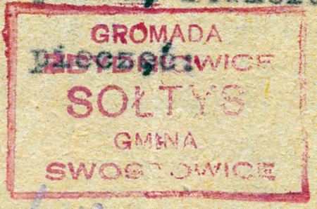 (1945)
Odciski pieczęci urzędowych Zbydniowic
z lat 1819 i 1945 (CPAHU we Lwowie,
sygn. fond 20, opis 1, sprawa 216;
Archiwum Narodowe w Krakowie,
sygn. Gm. Sw. 16, s. 223)