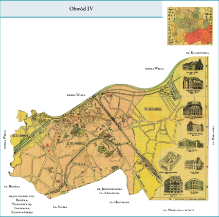 Obwód IV według stanu z listopada 1928 r. na przywołanym wcześniej planie miasta z 1934 r. – w granice tej dzielnicy administracyjnej, którą
stanowił Obwód IV, weszły położone – z małym wyjątkiem – po prawej stronie Wisły tereny dzielnic katastralnych IX–Ludwinów, XXI–Płaszów
i XXII–Podgórze. Od strony południowo-zachodniej granica Obwodu IV biegła od rejonu ul. Suchej przez okolice zbiegu ulic Brożka, Wadowickiej,
Tischnera i Zakopiańskiej, po zbieg ul. Brożka z rzeką Wilgą. Zachodnią granicę stanowiła rzeka Wilga, aż po jej ujście do Wisły. Południową
granicę stanowiła rzeka Wisła, jednak niewielki fragment Obwodu, na jego wschodnim krańcu, znajdował się po lewej stronie Wisły, w rejonie
ul. Klasztornej (reminiscencja dawnej zmiany biegu głównego nurtu rzeki na tym obszarze). Od strony wschodniej Obwód IV sięgał rejonu
ul. Półłanki. Linia graniczna na południu biegła w rejonie ul. Kosiarzy, na wysokości ul. Heltmana kierując się na północ, do ulic Jerozolimskiej
i Abrahama, a następnie dalej na wschód do rejonu ul. Suchej. Granice na Wiśle bez jej wschodniego zakończenia oraz na Wildze bez jej
południowego zakończenia były granicami Obwodu wewnątrz miasta, natomiast pozostałe granice były jednocześnie granicami miasta.
Użyte tutaj i przy powyższym planie dzielnicy nazwy terenowe podano według nazewnictwa obowiązującego aktualnie.
