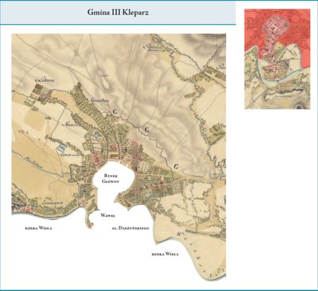 Gmina III Kleparz według stanu z roku 1811 na przywołanym wcześniej planie miasta z 1811 r. – dzielnica ta powstała
z połączenia istniejących w poprzednim podziale administracyjnym miasta (lata 1802–1811) dwóch wydziałów:
Wydziału Drugiego Przedmieście Kleparz i Wydziału Trzeciego Przedmieście Garbary–Piasek. Jej obszar stanowiły
oprócz Kleparza m.in. po stronie zachodniej Piasek i Czarna Wieś, po stronie wschodniej Wesoła. Widoczna na planie
linia oznaczona literami „G” to zaznaczony bieg okopów powstałych podczas powstania kościuszkowskiego. Użyte przy
powyższym planie dzielnicy nazwy terenowe podano według nazewnictwa obowiązującego aktualnie.
