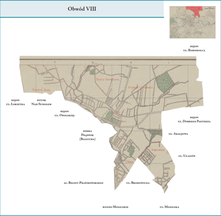 Obwód VIII według stanu z roku 1951 na przywołanym wcześniej planie miasta z 1957 r. – dzielnica administracyjna
z wyjątkiem fragmentów Prądnika Czerwonego i Rakowic analogiczna do Obwodu VIII z poprzedniego podziału wewnętrznego
miasta, obejmująca zatem w całości dzielnice katastralne XXXVIII–Prądnik Biały, XXXIX–Witkowice,
XL–Górka Narodowa i XLII–Olsza oraz dzielnice katastralne XLI–Prądnik Czerwony i XLIII–Rakowice, jednak bez
wschodnich ich fragmentów, włączonych do Dzielnicy Nowa Huta. Użyte przy powyższym planie dzielnicy nazwy terenowe
podano według nazewnictwa obowiązującego aktualnie.