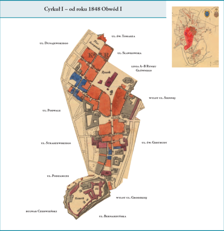 Cyrkuł I (od 1848 r. Obwód I) według stanu z końca roku 1838 na przywołanym wcześniej planie miasta z 1836 r. –
dzielnica administracyjna w obrębie byłych murów miejskich (Plant), jednakże bez części północnej i północno-wschodniej
tego obszaru. Jednak położenie w obrębie tego cyrkułu–obwodu: Rynku Głównego, królewskiej arterii w postaci ul. Grodzkiej
oraz Zamku na wzgórzu wawelskim, czyniło z niego dzielnicę centralną. Utworzona została z połączenia trzech dawnych
gmin miejskich Rzeczypospolitej Krakowskiej, tj. Gminy I, Gminy II oraz Gminy III (por. rozdział poprzedni). Użyte przy
powyższym planie dzielnicy nazwy terenowe podano według nazewnictwa obowiązującego aktualnie.