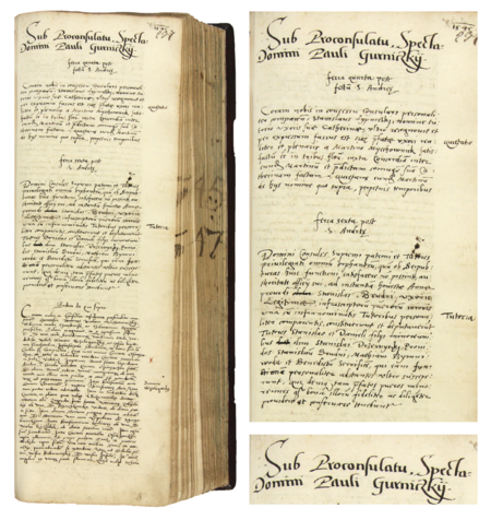 Z księgi radzieckiej obejmującej lata 1545–1547 strona 237 z tytułem otwierającym wpisy spraw
za kadencji burmistrzowskiej Pawła Kurnickiego w 1545 roku – oraz powiększenie zapisu imienia i funkcji burmistrza
(Archiwum Państwowe w Krakowie, sygn. rkps 440, s. 237)