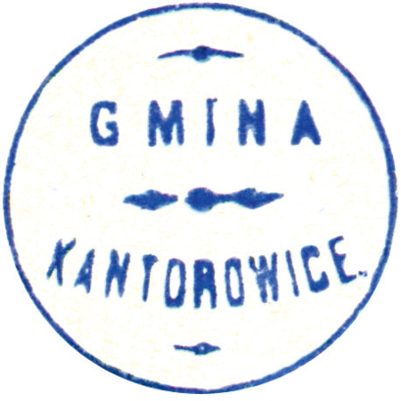 (1920)
Odciski wspólnej pieczęci Zesławic, Dłubni
i Kantorowic z 1836 roku oraz pieczęci urzędowych
Kantorowic z lat 1865, 1920 i 1946
(Archiwum Narodowe w Krakowie,
sygn. WMK IX-38, nlb.; sygn. T.Schn. 721, nlb.;
sygn. PUZKr 50, nlb.; sygn. UW II 391, s. 439)