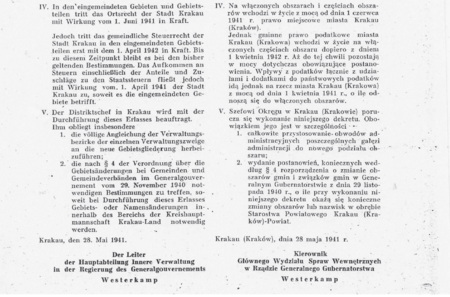 Pełny tekst dekretu z 28 maja 1941 roku kierownika Głównego Wydziału Spraw Wewnętrznych
w Rządzie Generalnego Gubernatorstwa o włączeniach do miasta Krakau (Krakowa), opublikowanego w Dzienniku
Rozporzadzeń dla Generalnego Gubernatorstwa z 1941 roku, Nr 51
(Biblioteka Jagiellońska, sygn. 408042 III)