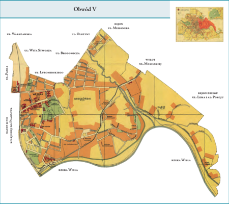Obwód V według stanu z roku 1938 na przywołanym wcześniej planie miasta z ok. 1939 r. – dzielnica grzegórzecka, obejmująca Wesołą
(bez fragmentu włączonego do Obwodu I), Grzegórzki i Dąbie. Tereny te stanowiły dzielnice katastralne, których zewnętrzne granice co do
zasady wytyczały granice tej dzielnicy administracyjnej. W przyszłości obszar ten, powiększony o Warszawskie oraz tereny po poszerzeniu
granic Krakowa w 1941 r., stanie się trzonem powstałej w 1954 r. dużej dzielnicy administracyjnej Grzegórzki. Użyte przy powyższym
planie dzielnicy nazwy terenowe podano według nazewnictwa obowiązującego aktualnie.