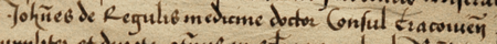 Dokument wydany w 1502 roku w Skierniewicach, w którym Fryderyk, kardynał i arcybiskup gnieźnieński,
aprobuje budowę i dotację ołtarza Męki Pańskiej w kościele Mariackim i przekazuje go na własność wspólnocie artystów
Uniwersytetu Krakowskiego, za pośrednictwem wykonawców testamentu fundatora Andrzeja Rudowskiego, wśród których
jest Jan z Reguł, doktor medycyny i rajca krakowski – oraz powiększenie imienia, tytułu naukowego i urzędu rajcy
(Archiwum Uniwersytetu Jagiellońskiego, sygn. dok. perg. 276)