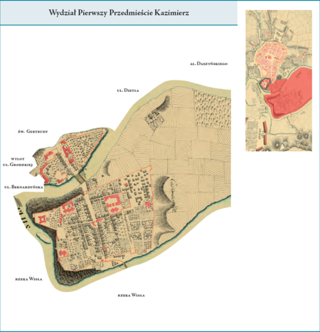 Wydział Pierwszy Przedmieście Kazimierz ze Stradomiem (używano też nazwy „Miasto Kazimierz z przedmieściem Stradom”,
co było ukłonem w stronę utraconej niedawno samodzielności miejskiej Kazimierza i urażonej ambicji jego mieszkańców) według
stanu z roku 1802 na przywołanym wcześniej planie miasta z 1792 r. Dzielnicę tę (tj. wydział) stanowiła okolona Starą i Nową
Wisłą „wyspa kazimierska” z Kazimierzem chrześcijańskim, Miastem Żydowskim, Podbrzeziem i Bawołem, jak też położony
z południowej strony, sięgający Wawelu i wylotu ul. Grodzkiej, Stradom, dawniej stanowiący przedmieście odrębnego miasta
Kazimierza. Użyte przy powyższym planie wydziału nazwy terenowe podano według nazewnictwa obowiązującego aktualnie.
