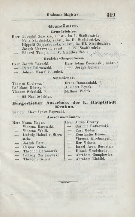 Z rocznika tzw. Szematyzmu galicyjskiego z roku 1854 strona tytułowa i strona z wykazem
komisarzy obwodowych Magistratu krakowskiego; wśród nich komisarz Edward Temple
(Szematyzm 1854, s. tytułowa, s. 319)