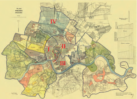 Podział Krakowa na 4 obwody według stanu z lutego 1912 r. – na Planie Wielkiego Krakowa wyrysowanym przez
Kazimierza Stoleckiego w 1912 r. Podstawa rysunku granic obwodów: vide s. 154
(Biblioteka Jagiellońska, sygn. M 41/29)