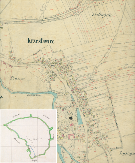 Fragment centrum Krzesławic na mapie katastralnej sporządzonej dla gminy katastralnej Krzesławice w 1850 roku oraz
pochodzący z lat 1847–1848 plan sytuacyjny z wyrysowanymi granicami gminy Krzesławice i lokalizacją gmin sąsiadujących
(Archiwum Narodowe w Krakowie, sygn. K. Krak. 292 III; sygn. WM 562, s. 1749)