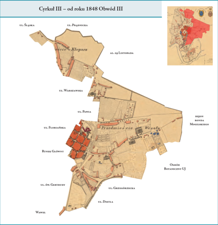 Cyrkuł III (od 1848 r. Obwód III) według stanu z końca roku 1838 na przywołanym wcześniej planie miasta z 1836 r. –
dzielnica administracyjna w północno-wschodniej i wschodniej części miasta. Swoją powierzchnią obejmowała północno-
-wschodni fragment najstarszej części miasta w obrębie Plant, od ul. Floriańskiej po Gródek, północną część Przedmieścia
Kleparz z dawnymi jurydykami Błonie, Szlak i św. Floriana oraz Przedmieście Wesoła, od ulic Pawiej i Lubicz po granice
z Przedmieściem Stradom. Ten cyrkuł–obwód powstał z połączenia dwóch dawnych gmin miejskich Rzeczypospolitej
Krakowskiej, tj. Gminy V i Gminy VIII (por. rozdział poprzedni). Użyte tutaj i przy powyższym planie dzielnicy nazwy
terenowe podano według nazewnictwa obowiązującego aktualnie.