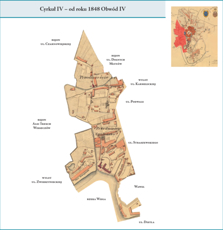 Cyrkuł IV (od 1848 r. Obwód IV) według stanu z końca roku 1838 na przywołanym wcześniej planie miasta z 1836 r. –
dzielnica administracyjna w północno-wschodniej i wschodniej części miasta. Jej teren obejmował zachodnią część miasta,
tj.: zachodnie tereny Przedmieścia Piasek oraz szeroko ujęte Przedmieście Smoleńsko (Nowy Świat), po gminę Zwierzyniec na
zachodzie i Przedmieście Stradom. Ten cyrkuł–obwód swoimi granicami odpowiadał powierzchni Gminy IX Rzeczypospolitej
Krakowskiej (por. rozdział poprzedni). Użyte przy powyższym planie dzielnicy nazwy terenowe podano według nazewnictwa
obowiązującego aktualnie.