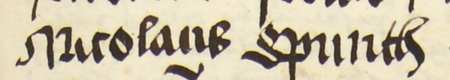 Z księgi radzieckiej Kazimierza obejmującej lata 1481–1508: fragment wpisu dokumentującego
wybór rady urzędującej na rok 1495, z Mikołajem Spunthem w składzie – oraz zbliżenie zapisu imienia
(Archiwum Narodowe w Krakowie, sygn. K 7, s. 285)