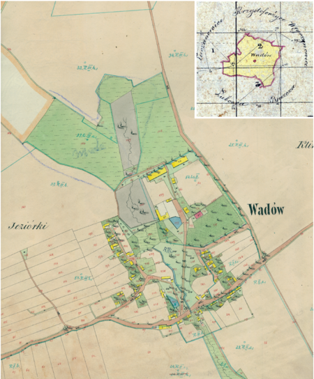 Centrum Wadowa na mapie katastralnej sporządzonej dla gminy katastralnej Wadów w 1850 roku oraz pochodzący
z 1848 roku plan sytuacyjny z wyrysowanymi granicami gminy Wadów oraz lokalizacją gmin sąsiadujących
(Archiwum Narodowe w Krakowie, sygn. K. Krak. 644 II; sygn. 29/280/1525, k. 1)