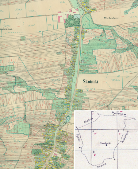 Centralny fragment Skotnik na mapie katastralnej sporządzonej dla gminy katastralnej Skotniki w 1848 roku oraz
pochodzący z 1845 roku plan sytuacyjny z wyrysowanymi granicami gminy Skotniki oraz lokalizacją gmin sąsiadujących
(Archiwum Narodowe w Krakowie, sygn. K. Krak. 577 V; sygn. 29/280/1464, k. 1)