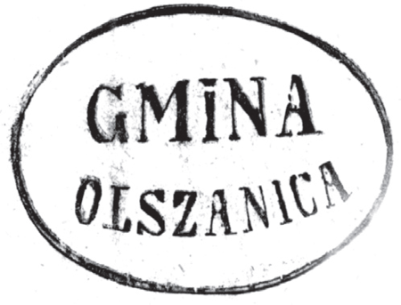 (1858)
Odciski pieczęci urzędowych Olszanicy
z lat 1847, 1858, 1925, 1941
(Archiwum Narodowe w Krakowie,
sygn. WM 563a, nlb.; sygn. T.Schn. 1176,
s. 409; sygn. PUZKr 54, nlb.;
sygn. 29/219/15, nlb.)