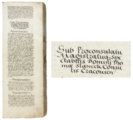 Z księgi radzieckiej obejmującej lata 1581–1584 strona 167 z nagłówkiem otwierającym wpisy spraw prowadzonych
za kadencji burmistrzowskiej Tomasza Sławka w 1582 roku – oraz powiększenie zapisu imienia i funkcji burmistrza
(Archiwum Państwowe w Krakowie, sygn. rkps 448, s. 167)