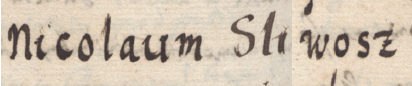 Z Liber inscriptionum… klasztoru oo. Augustianów w Kazimierzu: strona z początkowym fragmentem
dokonanego w roku 1681 wpisu, który stanowi kopię aktu z 1427 roku, w którym Tomasz czapnik wraz z żoną sprzedaje
Stanisławowi Swiebodzie (nr 124) i jego żonie Stachnie swój narożny dom ze słodownią, położony przy ul. Krakowskiej obok
domu Mikołaja Śliwosza – oraz zbliżenie zapisu imienia (Biblioteka Naukowa PAU/PAN, sygn. rkps 1676, s. 314v)