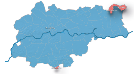 Etap IV:
korekta granic w 1986 roku
Na planie obrazującym dzisiejsze granice Krakowa powierzchnia miasta do 1986 roku (kolor niebieski) oraz tereny
przyłączone do miasta w 1986 roku (kolor czerwony). Przyłączone tereny to wsie lub ich części: Zbydniowice
(wcześniej, w 1973 roku, włączono do Krakowa jedynie ich północną część); Węgrzynowice; Wróżenice. Do Krakowa
włączono wówczas także małą część gminy Dziekanowice, która swoją odrębność zachowała do dziś.