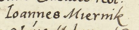 Z księgi radzieckiej Kazimierza obejmującej lata 1565–1569: fragment wpisu dokumentującego
wybór rady urzędującej na rok 1568, z Janem Miernikiem w składzie – zbliżenie zapisu imienia
(Archiwum Narodowe w Krakowie, sygn. K 15, s. 775)