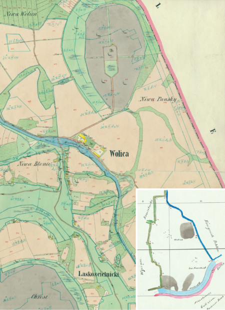 Centrum Wolicy na mapie katastralnej sporządzonej dla gminy katastralnej Wolica w 1850 roku oraz pochodzący
z lat 1847–1848 plan sytuacyjny z wyrysowanymi granicami gminy Wolica i lokalizacją gmin sąsiadujących
(Archiwum Narodowe w Krakowie, sygn. K. Krak. 695 I, II, IV; sygn. WM 563a, nlb.)