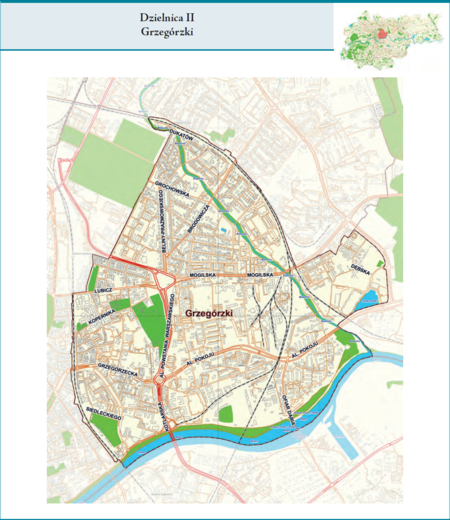 Dzielnica II Grzegórzki według stanu z 2017 r. na przywołanym wcześniej planie miasta z tego samego roku – dzielnica samorządowa
o powierzchni 5,86 km² (udział 1,79% w całej powierzchni miasta), położona na terenach historycznych jednostek katastralnych:
częściach Grzegórzek, Dąbia, Wesołej i Olszy oraz fragmentach Kazimierza i Warszawskiego
(vide plan na s. 239). Opis przebiegu granic tej dzielnicy podano na następnej stronie.