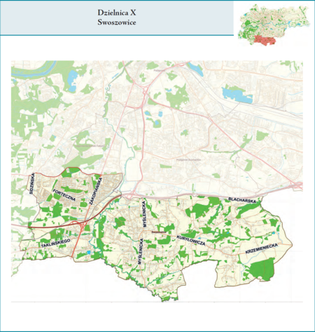 Dzielnica X Swoszowice według stanu z 2017 r. na przywołanym wcześniej planie miasta z tego samego roku – dzielnica
samorządowa o powierzchni 25,6 km² (udział 7,83% w całej powierzchni miasta), położona na terenach historycznych jednostek
katastralnych: Swoszowice, Rajsko, Kosocice, Soboniowice, Zbydniowice, Wróblowice, Lusina, Opatkowice
i Libertów, po części także Kobierzyn, Borek Fałęcki i Kurdwanów, fragmentami Jugowice i Piaski Wielkie (vide plan na s. 239).
Opis przebiegu granic tej dzielnicy podano na następnej stronie.