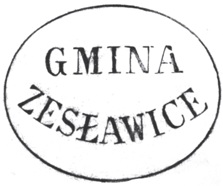 (1868)
Odciski wspólnej pieczęci Zesławic, Dłubni
i Kantorowic z 1836 roku, pieczęci urzędowych
Zesławic z lat 1868 i 1937 oraz
odcisk pieczęci przełożonego klasztoru Cystersów
mogilskich z 1831 roku stosowanej
w sprawach właścicielskich wsi należących
do klasztoru
(Archiwum Narodowe w Krakowie,
sygn. WMK IX-38, nlb.;
sygn. WMK XIV-80, s. 2279;
sygn. K. Krak. 754, k. I;
sygn. WMK IX-31, nlb.)