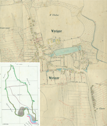 Centrum Wyciąża na mapie katastralnej sporządzonej dla gminy katastralnej Wyciąże w 1850 roku oraz pochodzący
z lat 1847–1848 plan sytuacyjny z wyrysowanymi granicami gminy Wyciąże wraz z Przylaskiem Wyciąskim i lokalizacją gmin sąsiadujących
(Archiwum Narodowe w Krakowie, sygn. K. Krak. 713 II, IV; sygn. WM 563a, nlb.)