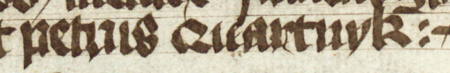 Z księgi radzieckiej Kazimierza obejmującej lata 1416–1433: fragment wpisu dokumentującego wybór rajców na rok 1428,
z Piotrem Kwartnikiem w składzie – oraz zbliżenie zapisu imienia (Biblioteka Jagiellońska, sygn. rkps 1045/2, k. 178)