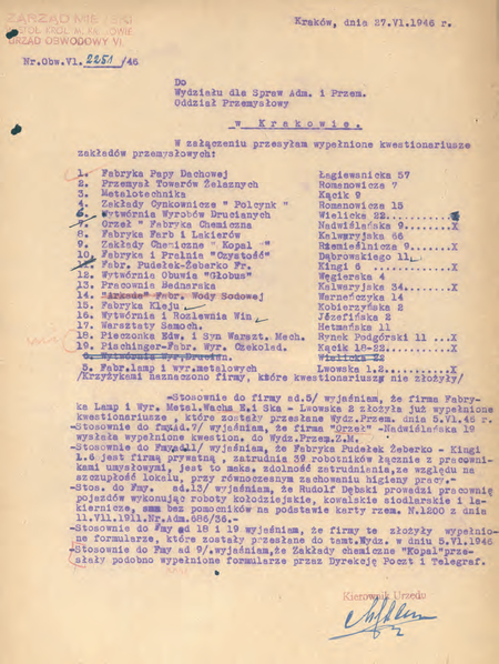 Z magistrackich akt Korespondencja ogólna dotycząca spraw administracyjno-przemysłowych
wykazy i kwestionariusze zakładów przemysłowych, magazynów i chłodni 1946 rok
sporządzone w tymże roku przez kierownika Mieczysława Sochę zestawienie zakładów
przemysłowych działających na podległym mu terenie Obwodu VI
(Archiwum Narodowe w Krakowie, sygn. 29-699-439, nlb)