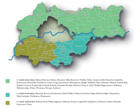 Na planie obrazującym dzisiejsze granice Krakowa miejscowości przyłączone do Krakowa po 1915 roku,
oznaczone kolorami określającymi ich przynależność do cyrkułów na terenach pod zaborem austriackim
w monarchii habsburskiej, od 1804 roku cesarstwie austriackim, w latach 1796–1809