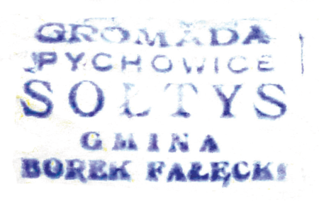 (1937)
Odciski pieczęci urzędowych Pychowic z lat
1820, 1877, 1927 i 1937
(CPAHU we Lwowie, sygn. fond 20, opis 1,
sprawa 240; Archiwum Narodowe
w Krakowie, sygn. 29/464/1133, nlb.;
sygn. PUZKr 56, nlb.; Archiwum Opactwa
Benedyktynów w Tyńcu, sygn. 5/1/4/11)