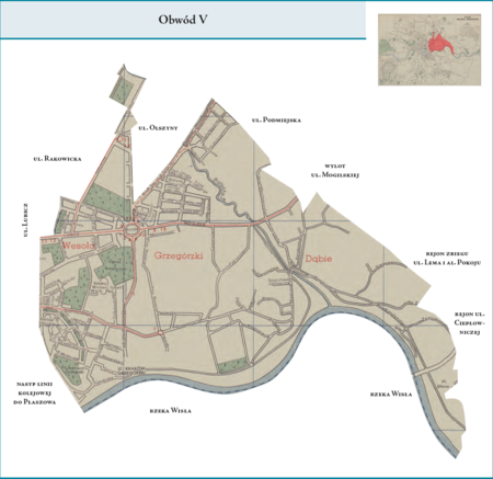 Obwód V według stanu z roku 1951 na przywołanym wcześniej planie miasta z 1957 r. – dzielnica administracyjna istotnie różniąca
się od Obwodu V z poprzedniego podziału wewnętrznego miasta. Z jej dotychczasowej powierzchni wyłączono w całości dzielnice
katastralne XLIV–Czyżyny i XLV–Łęg, włączając je do granic nowo utworzonej dzielnicy administracyjnej Nowa Huta. W tej
sytuacji powierzchnię Obwodu V stanowiły już tylko: w całości tereny dzielnic katastralnych XIX–Grzegórzki i XX–Dąbie oraz
częściowo tereny dzielnic katastralnych VI–Wesoła (pozostała część w Obwodzie I) i XVIII–Warszawskie (pozostała część
w Obwodzie IV). W ten sposób terytorialny kształt Obwodu V co do zasady przybrał postać Obwodu V z lat 1938–1941, czyli nie
z poprzedniego, lecz jeszcze wcześniejszego etapu wewnętrznych podziałów administracyjnych miasta. Użyte przy powyższym planie
dzielnicy nazwy terenowe podano według nazewnictwa obowiązującego aktualnie.