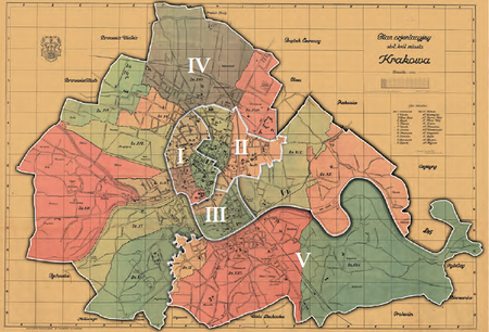 Podział Krakowa na 5 obwodów według stanu z roku 1924 – na Planie ogólnym stoł. król. miasta Krakowa
wydanym w 1925 r. Podstawa rysunku granic obwodów: vide s. 161
(Biblioteka Jagiellońska, sygn. M 41/95)