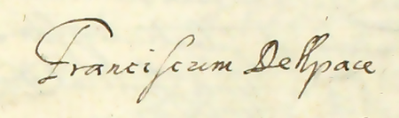 Z księgi radzieckiej obejmującej lata 1612–1621 fragment strony 632 z wykazem rajców urzędujących
wybranych na rok 1617, wśród których znajduje się Franciszek Delpace – oraz powiększenie zapisu imienia
(Archiwum Państwowe w Krakowie, sygn. rkps 458, s. 632)