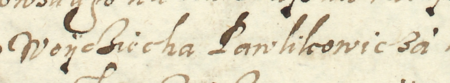 Z akt sądowych wielkorządcy krakowskiego obejmujących lata 1584–1591: fragment wpisu z 1589 roku dotyczącego sprawy
wytoczonej przez Mikołaja Gierczyckiego radzie kazimierskiej, reprezentowanej przez ówczesnego burmistrza Wojciecha
Pawlikowicza starszego – oraz zbliżenie zapisu imienia (Archiwum Narodowe w Krakowie, sygn. Teut. 68, s. 564)