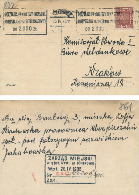 Na anonimowe wsparcie od życzliwych osób każda władza w każdym czasie mogła i nadal może liczyć.
Tutaj ślad obywatelskiej pomocy udzielonej w 1935 r. Biuru Meldunkowemu prowadzonemu przez Miejski
Komisariat Obwodu I
(Archiwum Narodowe w Krakowie, sygn. Kr 5383, s. 861–863)